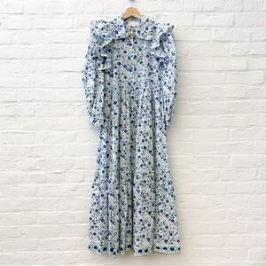 Mary Marshmallow || Floral Block Print Ruffle Collar Maxi Dress Blue White XS